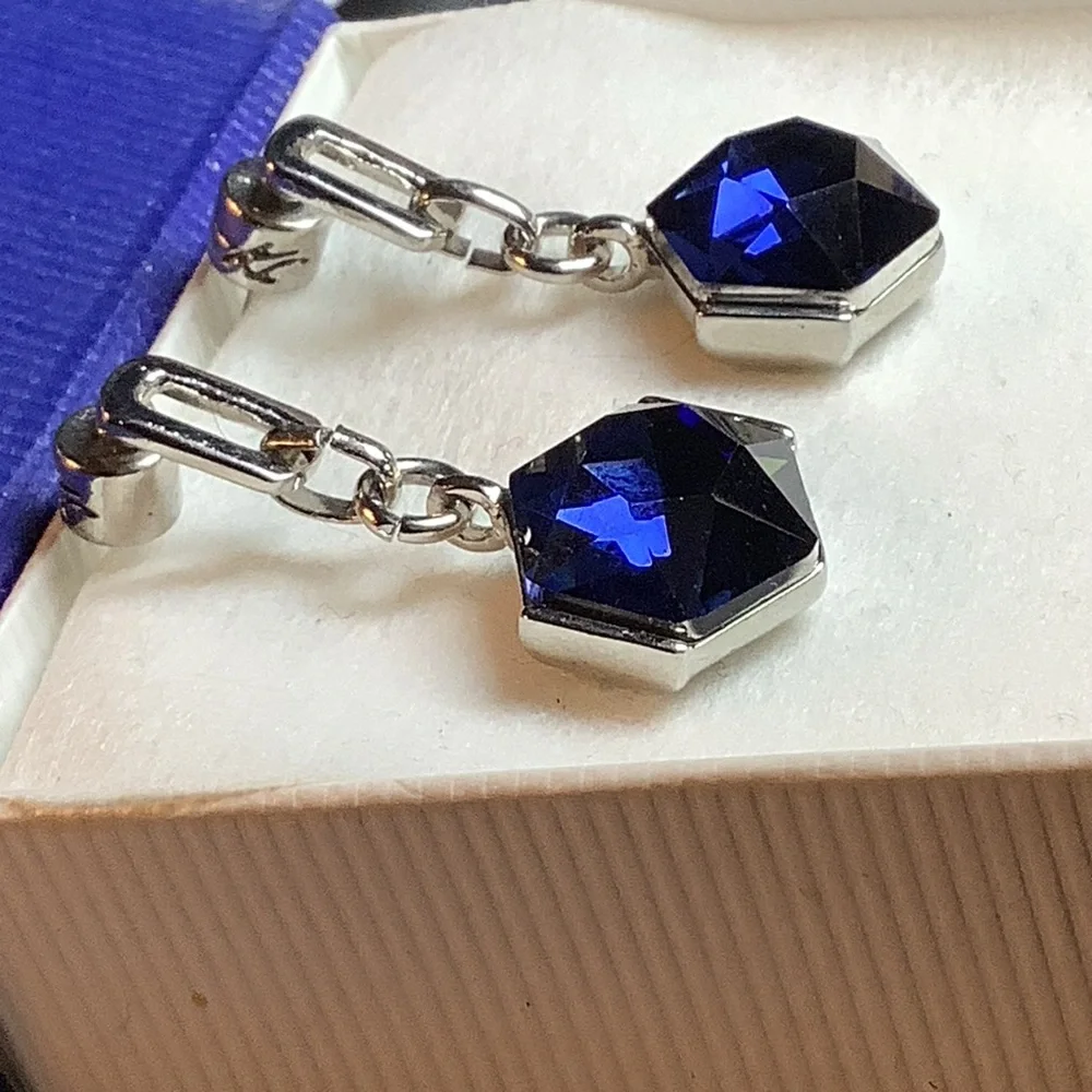 Kenneth Cole Blue Faceted Drop Earrings Hexagonal Silver Tone Royal Blue